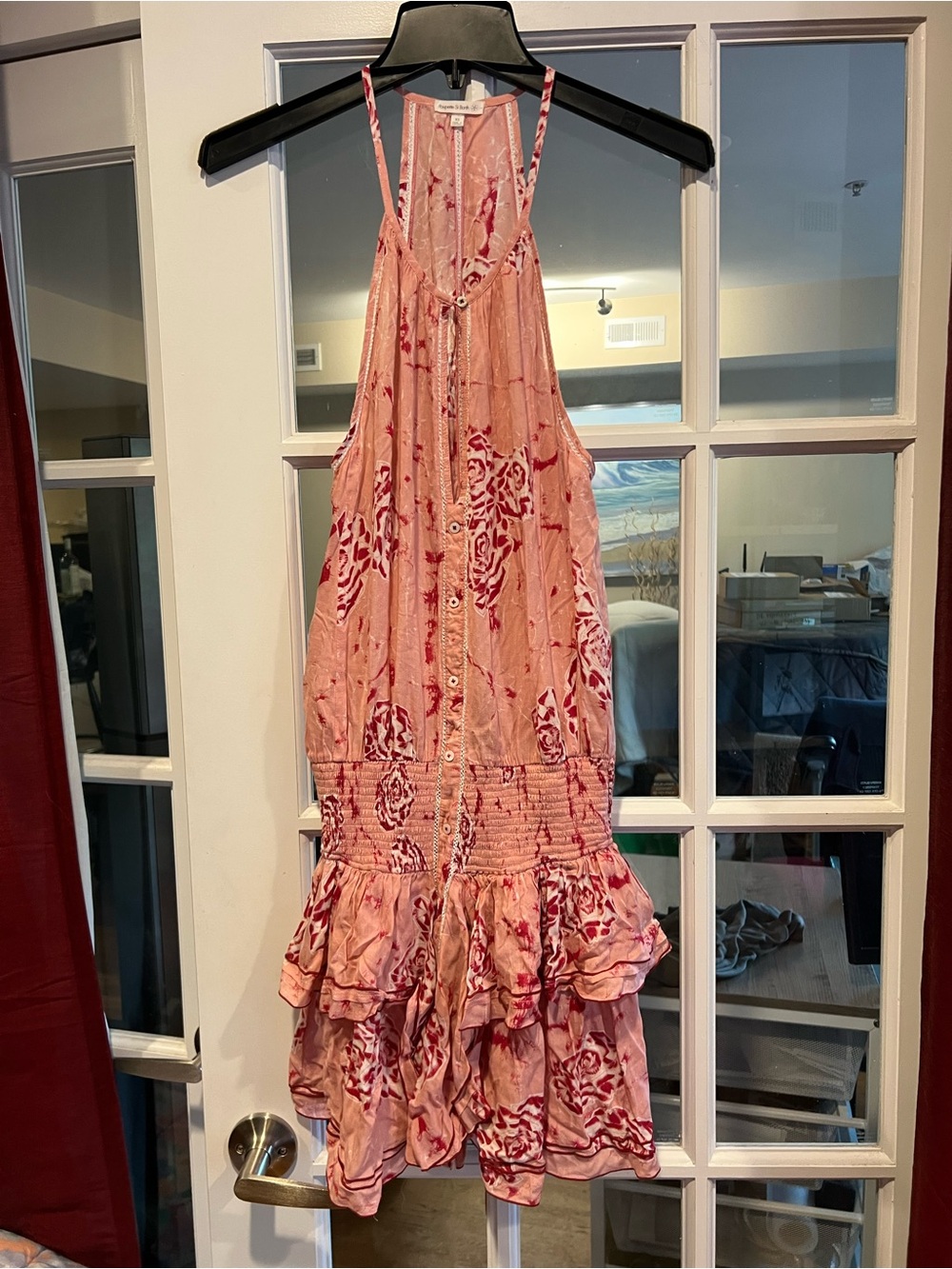 Poupette St. Barth Pink and Red Floral Tiered Ruffle Mini Dress